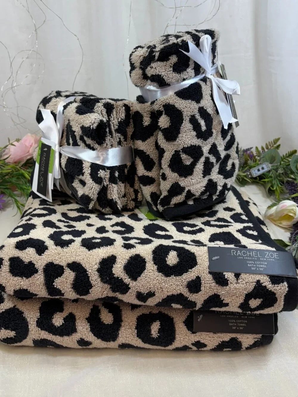 Rachel Zoe Leopard Print Black Beige Bath Hand Towels Washcloth 8 Pc Set Revers